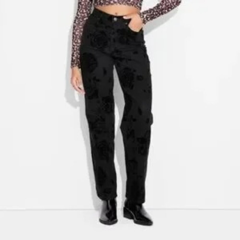 wild fable Floral Flocked Velvet Straight Leg Jeans 2 High Rise Waist Black Wash